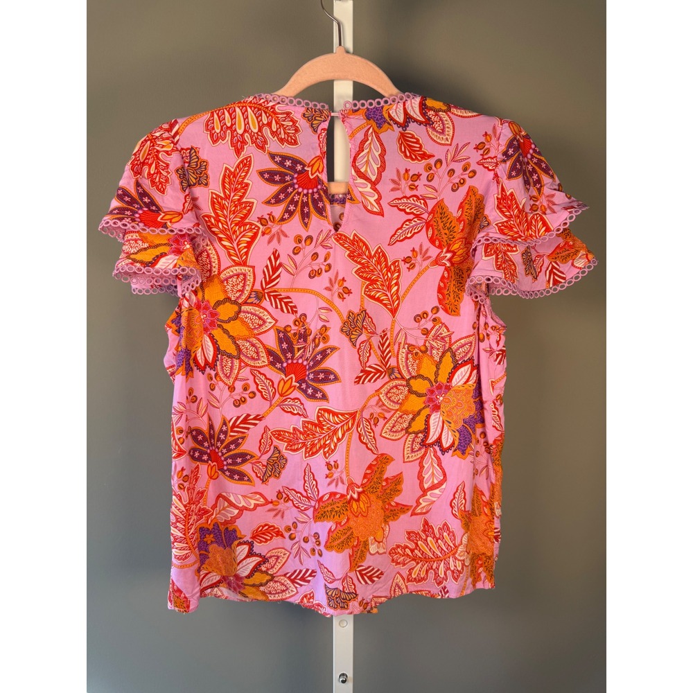 Rose + Olive Floral Boho Flutter Sleeve Top Size M Pink Cottagecore Short Sleeve - Picture 7 of 8